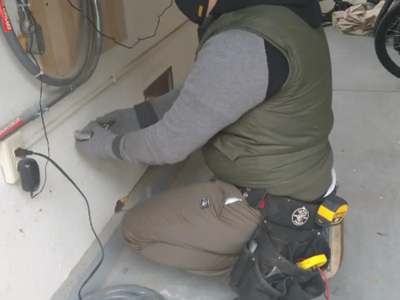Electrician performing outlet wiring in a Tilden garage